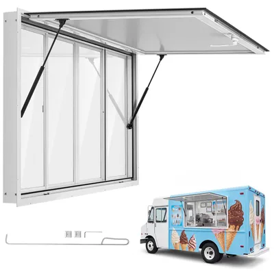 Produktbild von VEVOR Verkaufsfenster für Foodtrucks 1524 x 915 mm aus Aluminiumlegierung, Konzessionsfenster für Imbisswagen, bis zu 85° Aufklappbar, 4 Acryl-Schiebefenster, Verkaufsklappe, Schlepphaken, Regenschutz