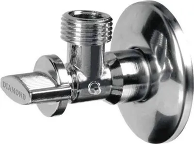 A chrome-plated angle valve for water connections.