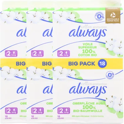 Produktbild von Always Ultra Binden Damen Gr. 2, Long, 54 Damenbinden mit Flügeln (3 x 18 Stück), Monatspaket, Organic Baumwolle Protection, sicherer Schutz und Oberfläche 100% Baumwolle