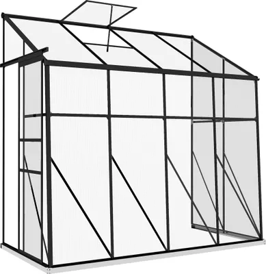 Image de Outsunny Serre adossée, serre de jardin polycarbonate, avec porte coulissante, évent de toit à 5 niveaux, avec cadre et fondation en aluminium, noir