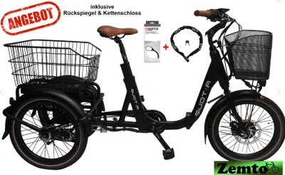 Produktbild von Elektro Dreirad Trike 3 Gang, Tiefeinstieg 20 Zoll schwarz, Fahrfertig, inkl. Kettenschloss und Rückspiegel