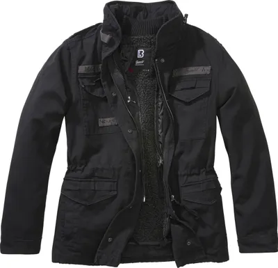 A black jacket is laid out flat against a white background.