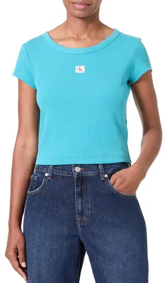 Obrázok produktu pre Dámske tričko Calvin Klein s krátkym rukávom, pletené rebrované, s výstrihom do "V" a s logom značky