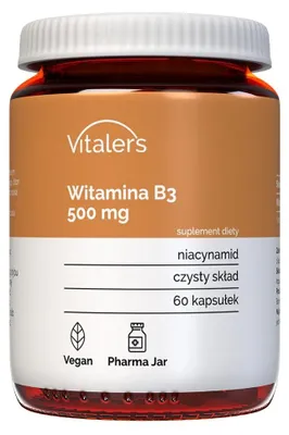Zdjęcie produktu dla Vitaler's Witamina B3 500 mg – 60 kapsułek, wegańska, suplement diety na 2 miesiące, bez konserwantów, czysty skład