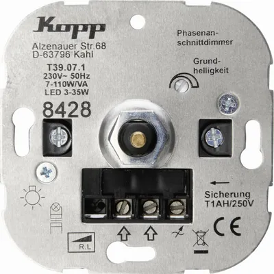 Produktbild von Kopp LED Dimmer Sockel mit Druck-Wechselschalter für dimmbare 230V LEDs von min.3 - max.35W. Auch für Glüh,- 230V Halogenlampen u. NV-Halogenlampen mit konv. Trafos von min.7 - max.110W/VA, 842800187