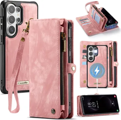 Produktbild von Schutzhülle für Samsung Galaxy S26 Ultra, Vintage Multifunktions Lederhülle, Kartenfächer, Reißverschluss Hülle Pink