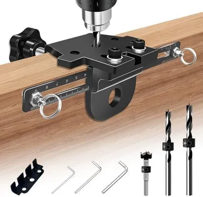 Produktbild von 3-in-1 die Bohrschablone Möbelbau, 8/10/15mm Pocket Hole Jig Kit, Taschenloch holzdübel bohrschablone set mit Positionierungsclip Einstellbare Bohrführung Stanzer-Locator Tischlerwerkzeuge