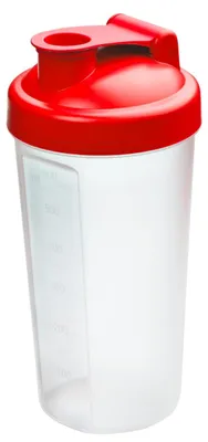 Obrázok produktu pre Šejker 600 ml "Protein" - šejker do posilňovne na proteínové a športové nápoje - vrátane odnímateľného sitka a praktickej stupnice - ľahko sa čistí - štandardná červená/priehľadná