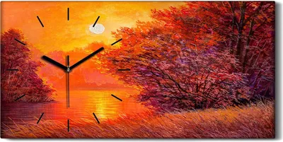 Produktbild von Dekor Leinwand Uhr Wandbilder 60x30 Malerei Wald Bäume Fluss Sonne Landschaft - schwarze Hände