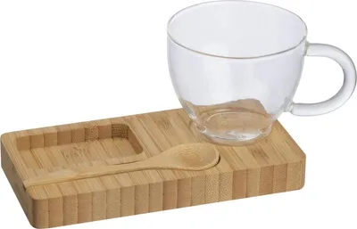 Produktbild von Servierbrett mit Glastasse und Löffel aus Bambus