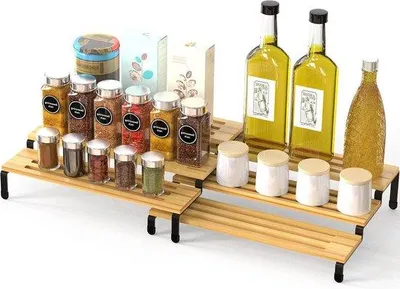 Produktbild von Bamboo-Ständer - Küchenregal - stehender Küchenorganizer - Set von 2 - 3 Platten - ausziehbar - stapelbar - Esszimmer - Arbeitsplatte - Küchenkommode - schwarz