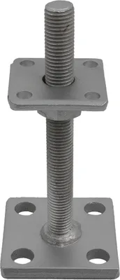 A metal post support with a threaded rod and two square base plates.