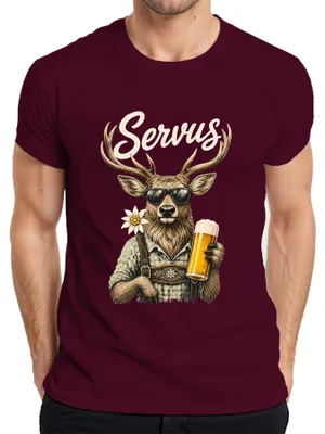 Productafbeelding van Servus, lederhosen, bier, edelweiss, Beieren, dirndl, , heren T-shirt, bordeauxrood, maat S