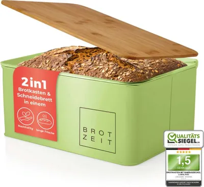 Produktbild von Lumaland Cuisine Brotkasten Brotdose aus Metall mit Bambus Deckel Brotbox rechteckig 30,5 x 23,5 x 14 cm 2in1 Brotbehälter & Schneidebrett Mintgrün