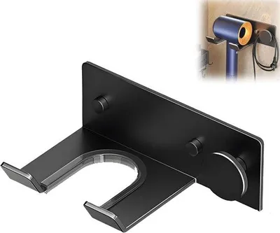 Immagine prodotto di Supporto da parete per asciugacapelli - Senza forature - Acciaio inossidabile - Adatto al bagno, compatibile con la maggior parte degli asciugacapelli e degli strumenti per lo styling