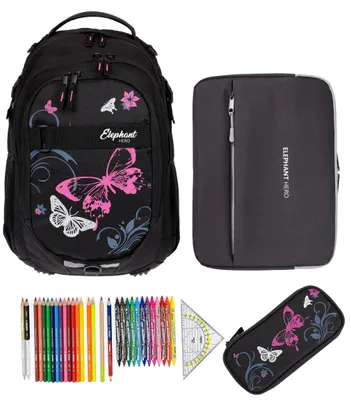 Produktbild von Schulrucksack Elephant Hero Signature 4 Teile Set Rucksack Schultasche + Mäppchen Box + Laptophülle + 31 tlg. Stifteset 12679 Butterfly Pink +rmlv