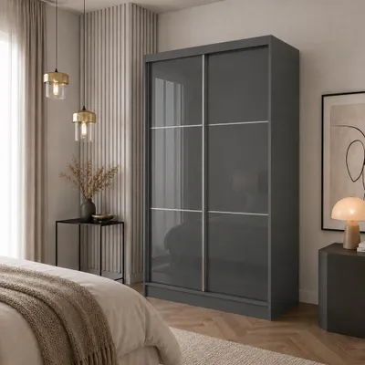 Produktbild von Kleiderschrank mit Hochglanz VIVA 120cm - Schrank mit Schiebetüren & Kleiderstangen, Garderobe ohne Spiegel (Graphit)
