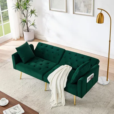 Image de OKWISH Canapé 2 Places - Relax en Velours Vert, Dossier Réglable 3 Niveaux, 2 Coussins Inclus, Pieds Métal - 177x78x74 cm