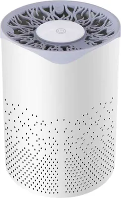 A white cylindrical air purifier with a decorative gray top.