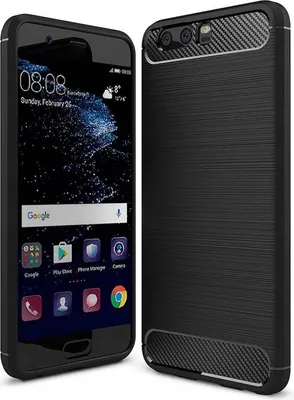 A black smartphone case is shown next to a smartphone displaying its screen.