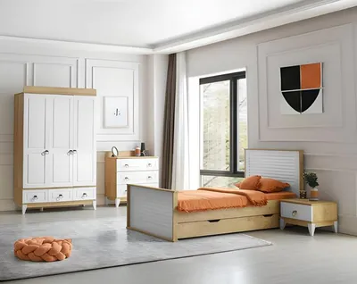 Image de Chambre à coucher moderne 4 pièces avec lit, table de nuit, commode et armoire