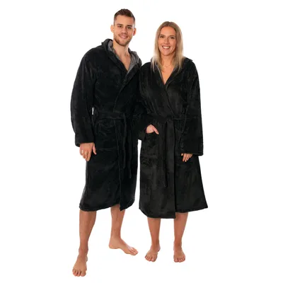 Produktbild von Lavea® Bademantel M, Morgenmantel Damen & Herren mit Kapuze, Soft-Velour, Bademantel mit 2 Taschen & Bindegürtel - Schwarz