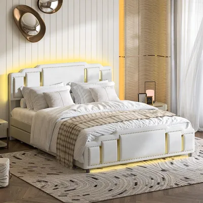 Produktbild von Polsterbett 160x200 cm mit 4 Schubladen & LED-Beleuchtung Beige Samt Doppelbett Stauraumbett Luxus Design mit goldener Zierleiste elegant