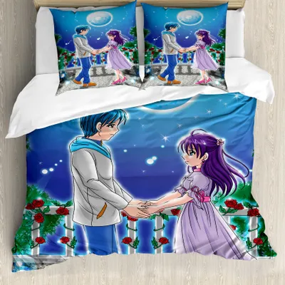 Produktbild von ABAKUHAUS Anime Bettbezug, Romantisches Manga Paar, Milbensicher Allergiker geeignet mit Kissenbezügen, 200 cm x 200 cm - 80 x 80 cm, Mehrfarbig
