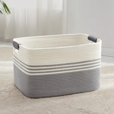 Produktbild von Wäschekorb Geflochten Groß 72L Baumwollseil mit Lederhenkeln 55x43x30 cm Weiß/Grau