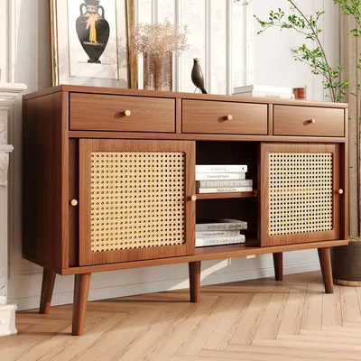 Produktbild von Sideboard, Kommode mit 3 Schubladen und 3 Schiebetüren, Rattangeflecht auf den Türfronten, Beine aus massivem Holz, Golden Metall Bügelgriff