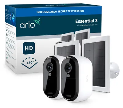 Produktbild von Arlo Essential 3 HD Akku Überwachungskamera Aussen & Solar, 2-Kamera-Set