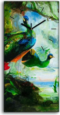 Produktbild von Dekor Leinwand Uhr Wandbilder 30x60 Malerei Wald Bäume Tier Pfau Kunst - schwarze Hände