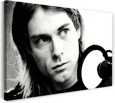 Produktbild von Leinwandbild (100x70cm): Kurt Cobain schwarz weiss Portrait Grunge-Legende Rocl-Star, echter Holz-Keilrahmen inkl. Aufhänger, handgefertigt in Deutschland