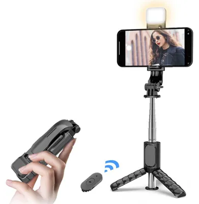 Produktbild von Techsuit – Mini-Selfie-Stick mit stabilem Stativ, Bluetooth-Fernbedienung, zusätzlichem Licht, 360°-Drehung, 76 cm – schwarz
