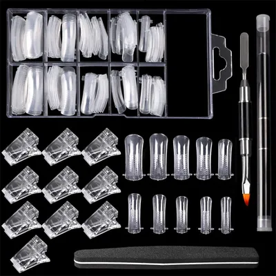 Produktbild von 100 Stück Nagelformen Set Nagelverlängerung Verlängerung Nagel Gel Formen Nagelform Set mit Dual-Ended Nagel Pinsel und Nagelspitzen Clip Nagelfeile für Polygel Nägel