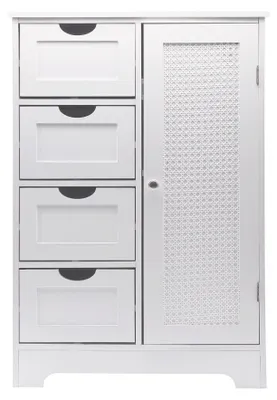 Badschrank mit Wiener Geflecht in Weiß mit vier Schubladen links und Glastür rechts, Gesamtansicht.