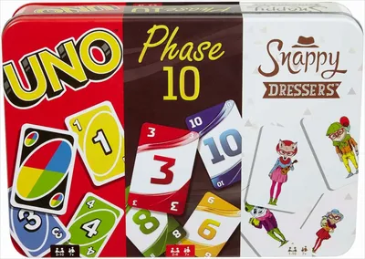 Produktbild von Kartenspiel-Klassiker in Metalldose: UNO, Phase 10 und Snappy Dressers