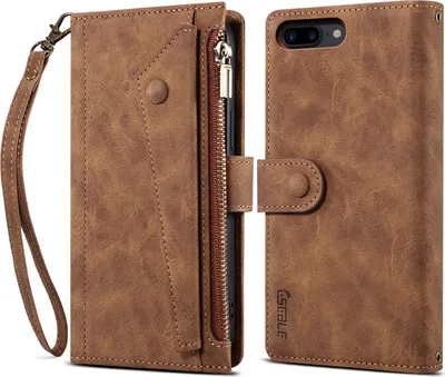 Produktbild von Schutzhülle für iPhone 8 Plus/7 Plus/6s Plus/6 Plus Reißverschluss Hülle, Leder Klapphülle Kartenfach Standfunktion Brieftasche mit Trageband Braun