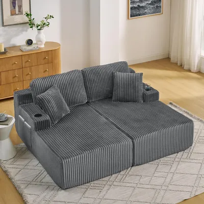 Obrázek produktu pro MODFU dvoumístná rozkládací postel s držákem na nápoje a polštáři, lounge křeslo, obývací pohovka s boční kapsou na časopisy, kordurový potah, šedá