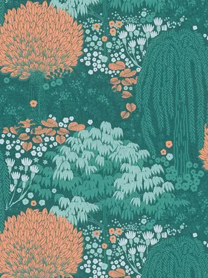 Produktbild von Florale Tapete mit Blättern leicht strukturiert, matt – Petrol, Orange, Grün
