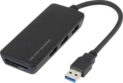 Produktbild von Renkforce RF-4027443 USB-Hub 3 Port USB-A, SD, microSD USB 3.0 5 GBit/s mit eingebautem SD-Kartenleser Schwarz