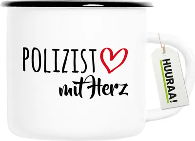 Produktbild von Huuraa Emaille Tasse Polizist mit Herz 300ml Vintage Campingbecher Geschenkidee