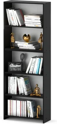 A black, five-shelf bookcase filled with books and decorative items.