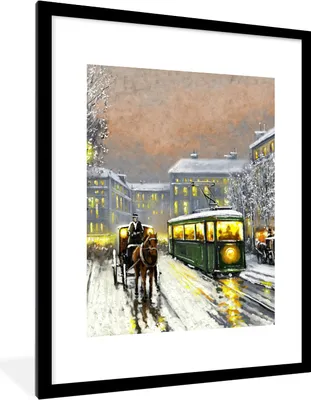 Produktbild von MuchoWow® Gerahmtes Poster Gemälde - Ölgemälde - Winter - Straßenbahn - Pferd 60x80 cm - Poster mit Schwarzem Bilderrahmen Wandposter Rahmen Foto Bilder - Wohnzimmer - Dekorationen - Prämie