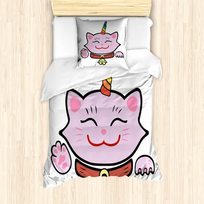 Produktbild von ABAKUHAUS Einhorn-Katze Mantele, Rosa Maneki Neko, Milbensicher Allergiker geeignet mit Kissenbezügen, 135 cm x 200 cm - 80 x 80 cm, Mehrfarbig