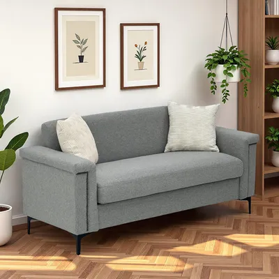 Produktbild von okwish modernes Zweisitzer Sofa mit Metallbeinen Massivholzrahmen Wohnzimmersofa Loungesofa mit Rückenlehne und Armlehnen geeignet für kleine Wohnungen Hellgrau