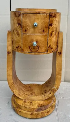 Produktbild von Casa Padrino Art Deco Kommode Vogelaugen Ahorn - Runde Massivholz Nachtkommode - Beistelltisch mit 2 Schubladen - Handgefertigte Art Deco Möbel
