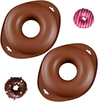 Produktbild von Zwei braune große Donut-Backformen, Donut-Formen, silikonische Donut-Backformen, antiklebrige Donut-Backformen in Lebensmittelqualität, für das Backen von Donuts, für Kuchen, Kekse, Muffins