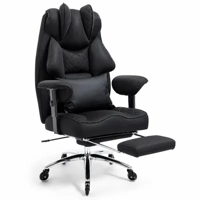 Produktbild von Ergonomischer Bürostuhl aus Stoff mit Fußstütze, Lendenkissen, gepolsterten Armlehnen, höhenverstellbar, 360° drehbar, Schwarz, KI-generiertes Bild