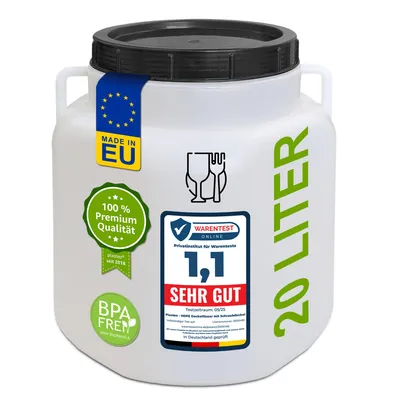 A white plastic barrel with a black lid and handles, featuring various labels and text.